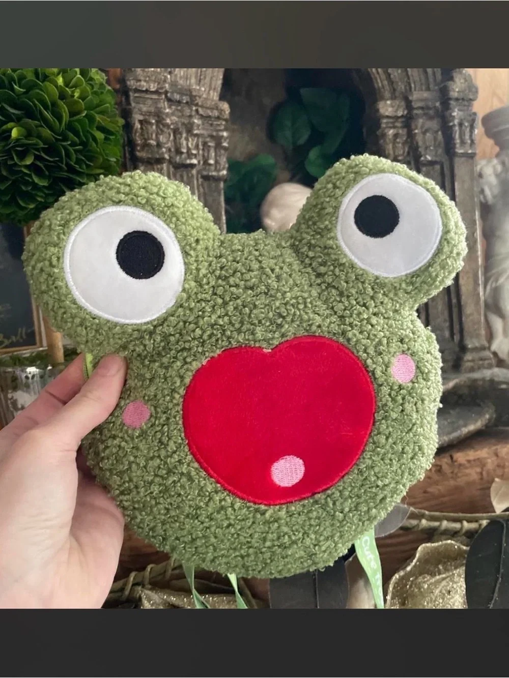 Plush Frog Crossbody Bag in Olive Green with Red Accent